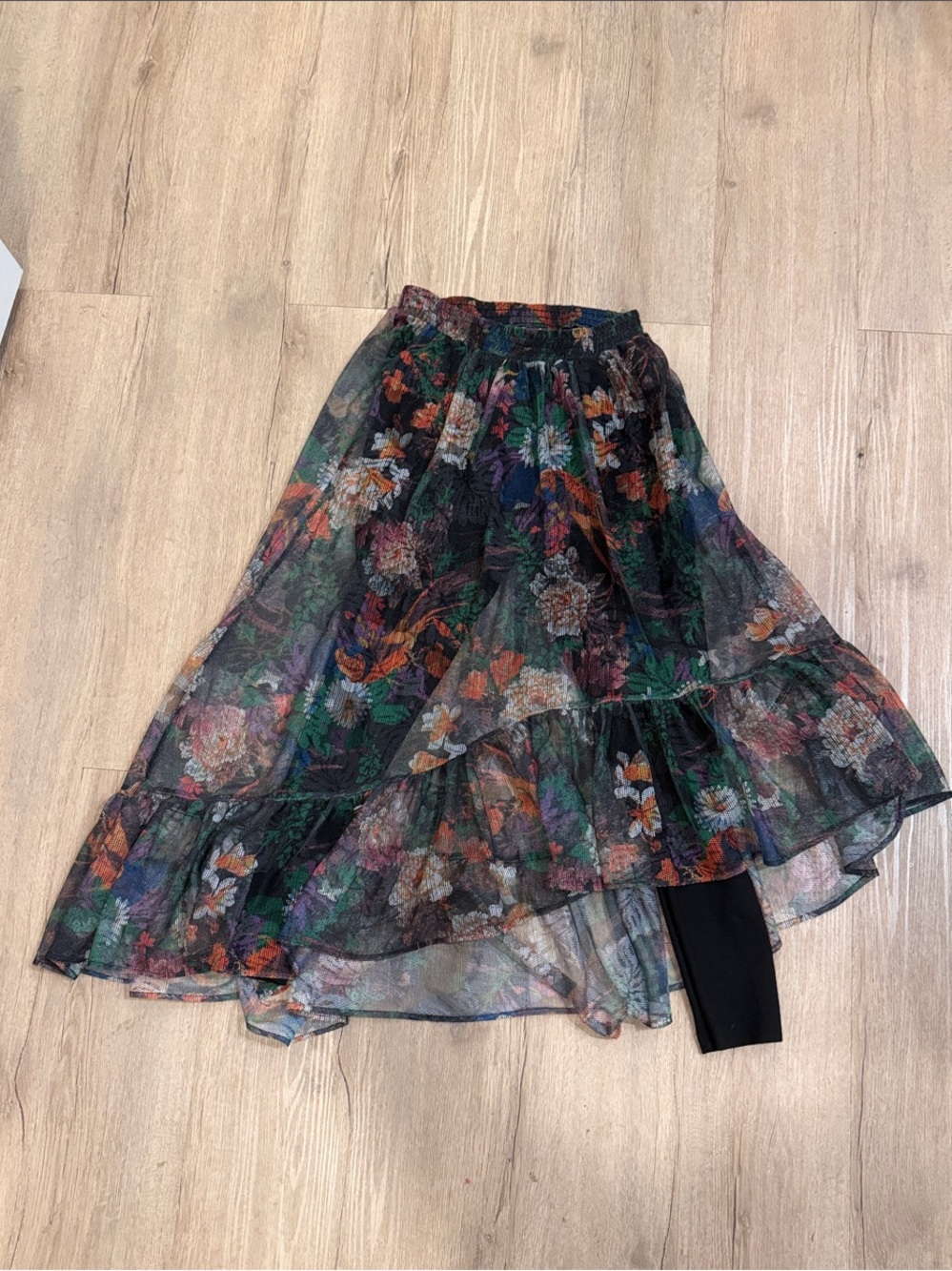 Maeve Black Sheer High-Low Floral Skirt